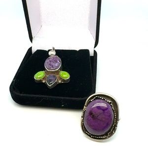 Charoite Pendant and Sugilite Ring 925 Sterling